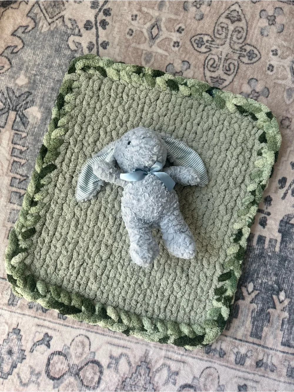 Handmade Chunky Hand-Knit Chenille Baby Blanket With Crochet Border
